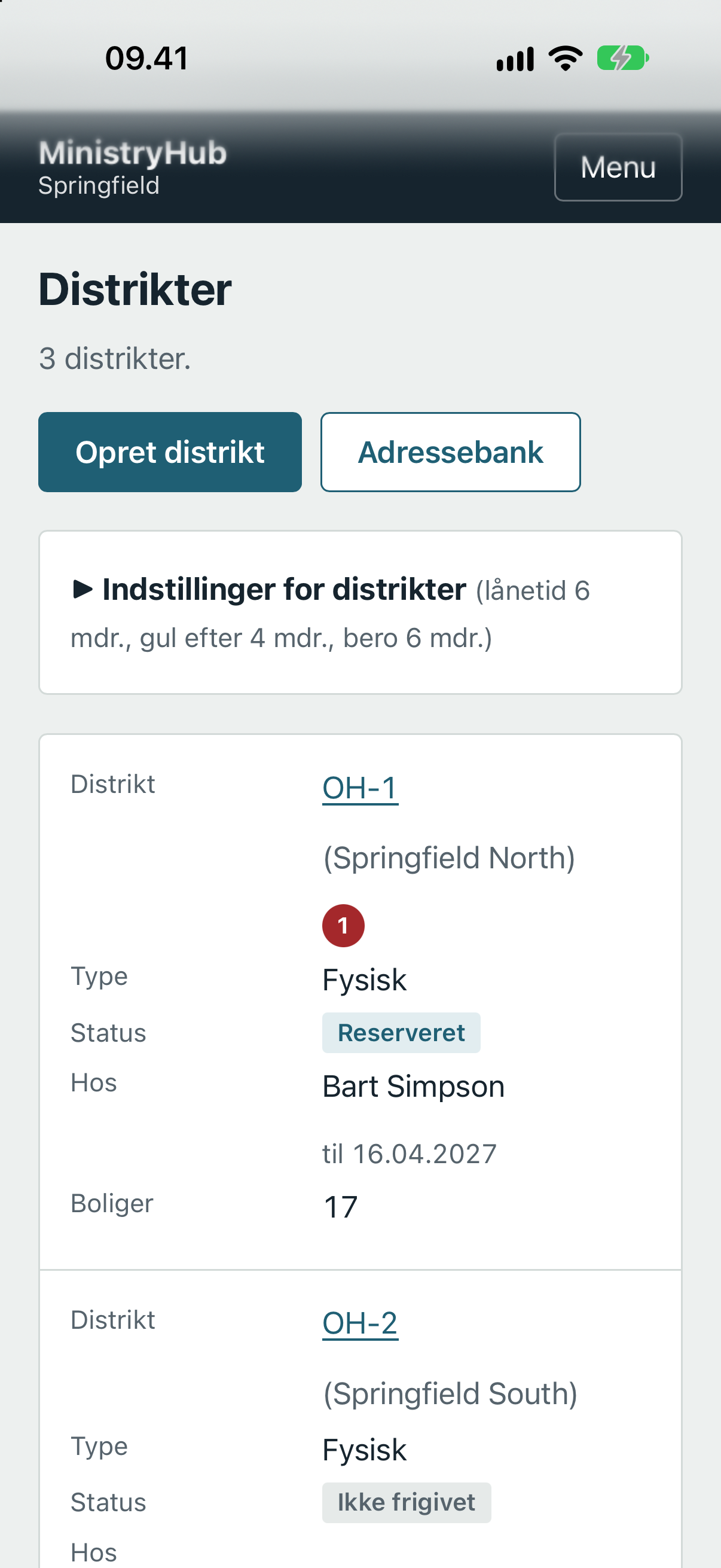 Oversigt over distrikterne på telefon