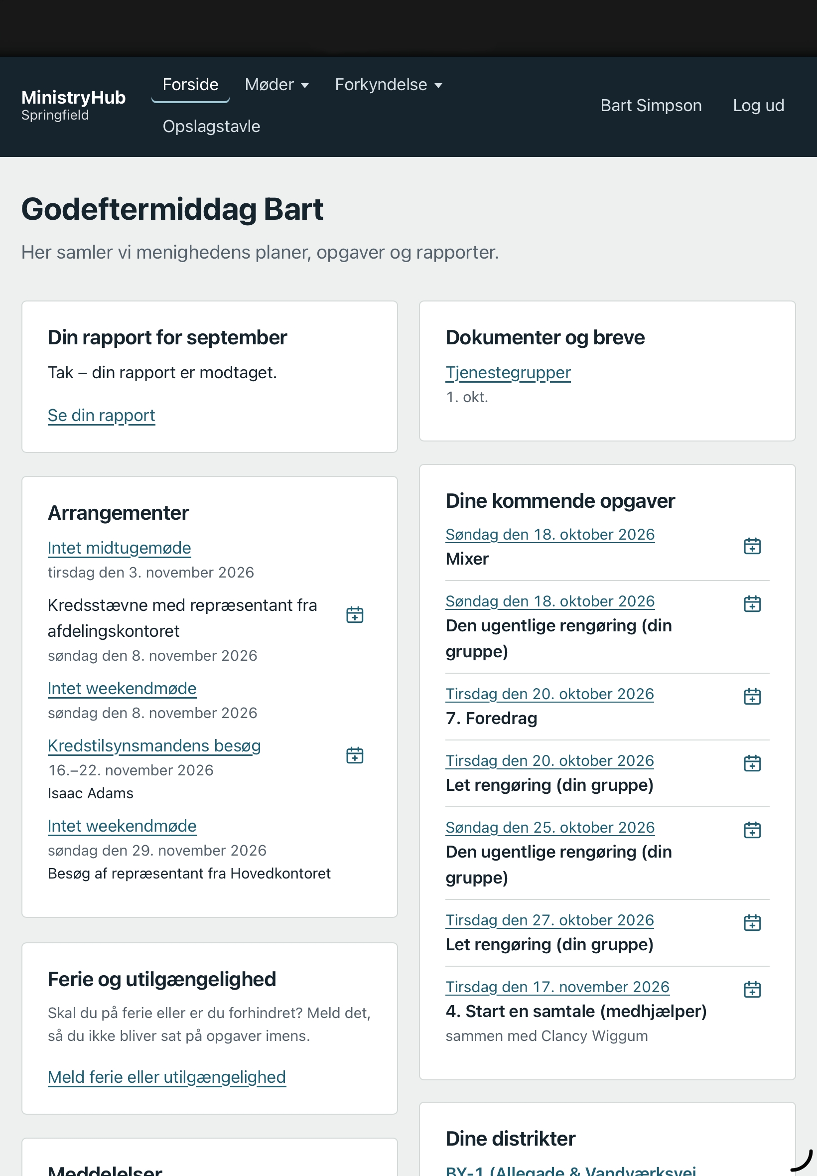 Forsiden med dine kommende opgaver på tablet