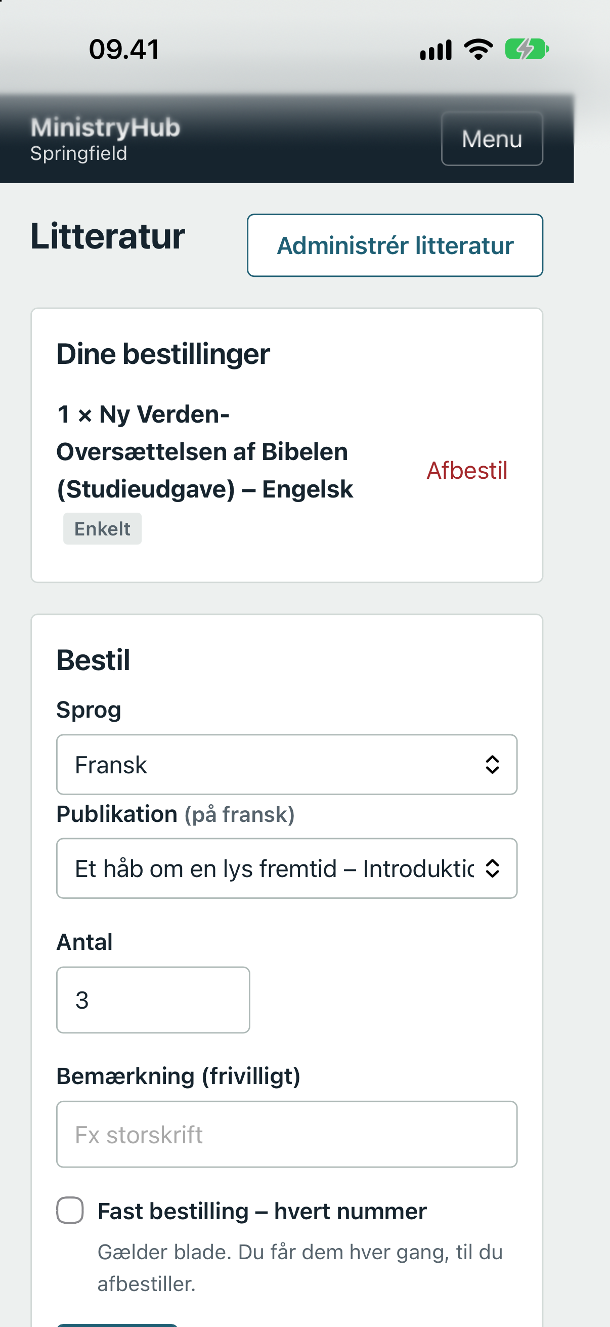 Bestilling af litteratur på telefon